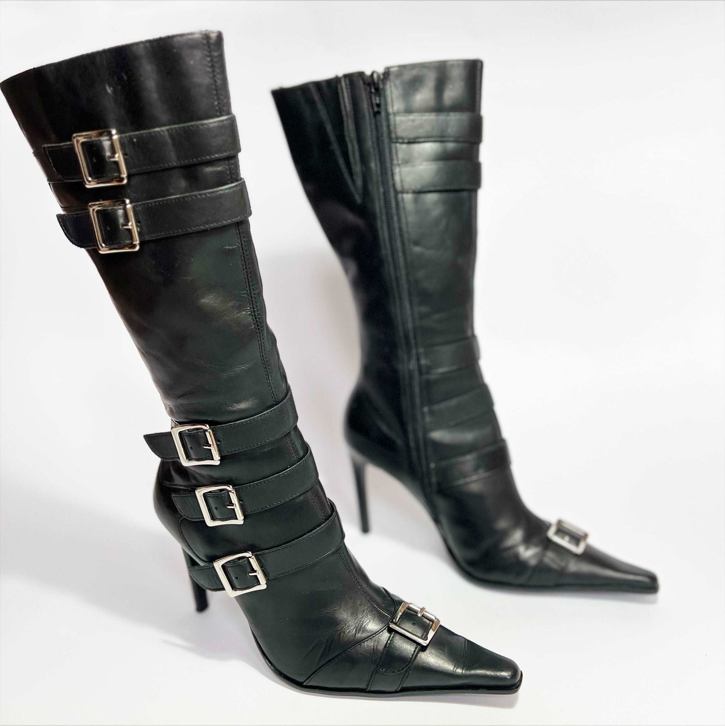 00's Bronx Leather Knee High Stilleto Boots with Buckles in Black - EU 38 / UK 5.5