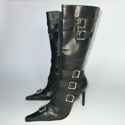 00's Bronx Leather Knee High Stilleto Boots with Buckles in Black - EU 38 / UK 5.5