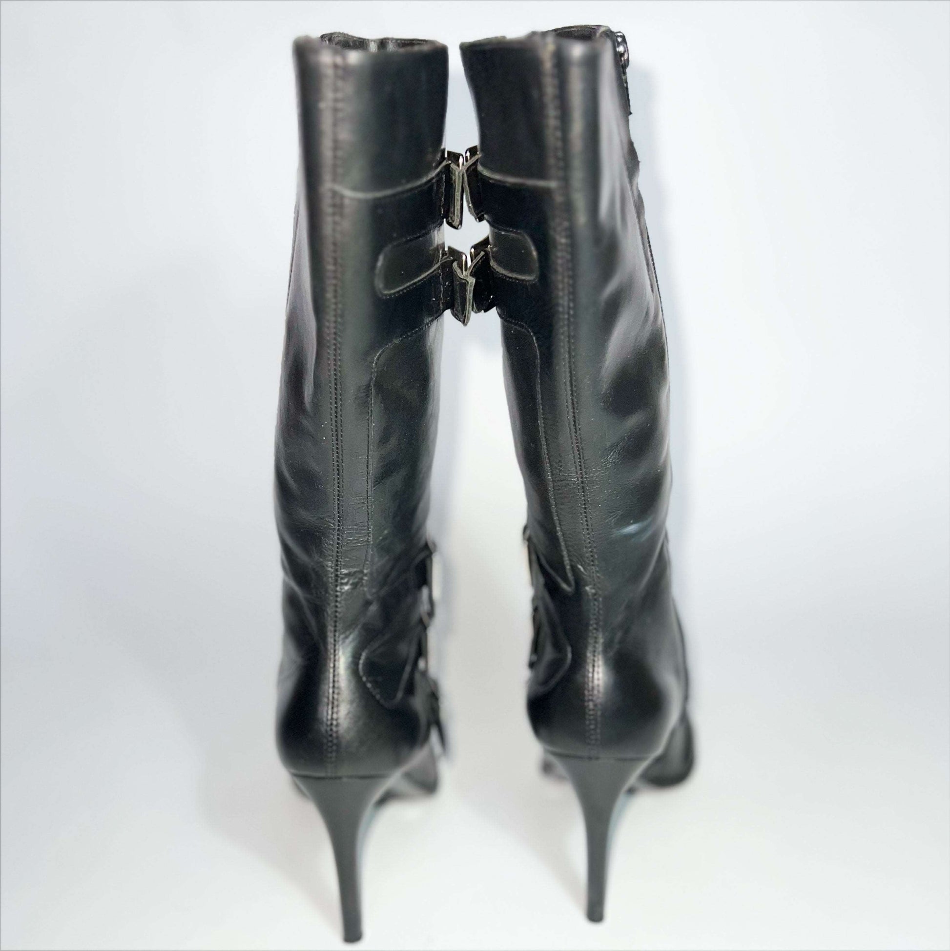 00's Bronx Leather Knee High Stilleto Boots with Buckles in Black - EU 38 / UK 5.5