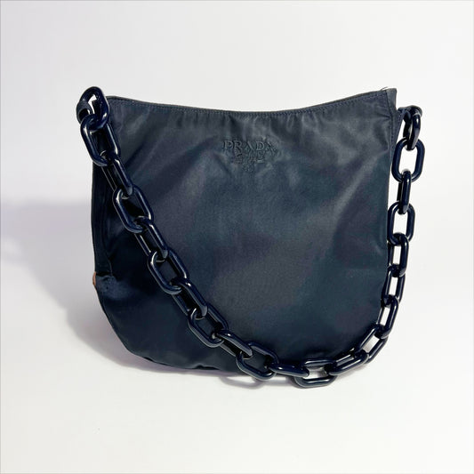 Vintage Prada Nylon Shoulder Bag with Acyrlic Chain Strap in Navy