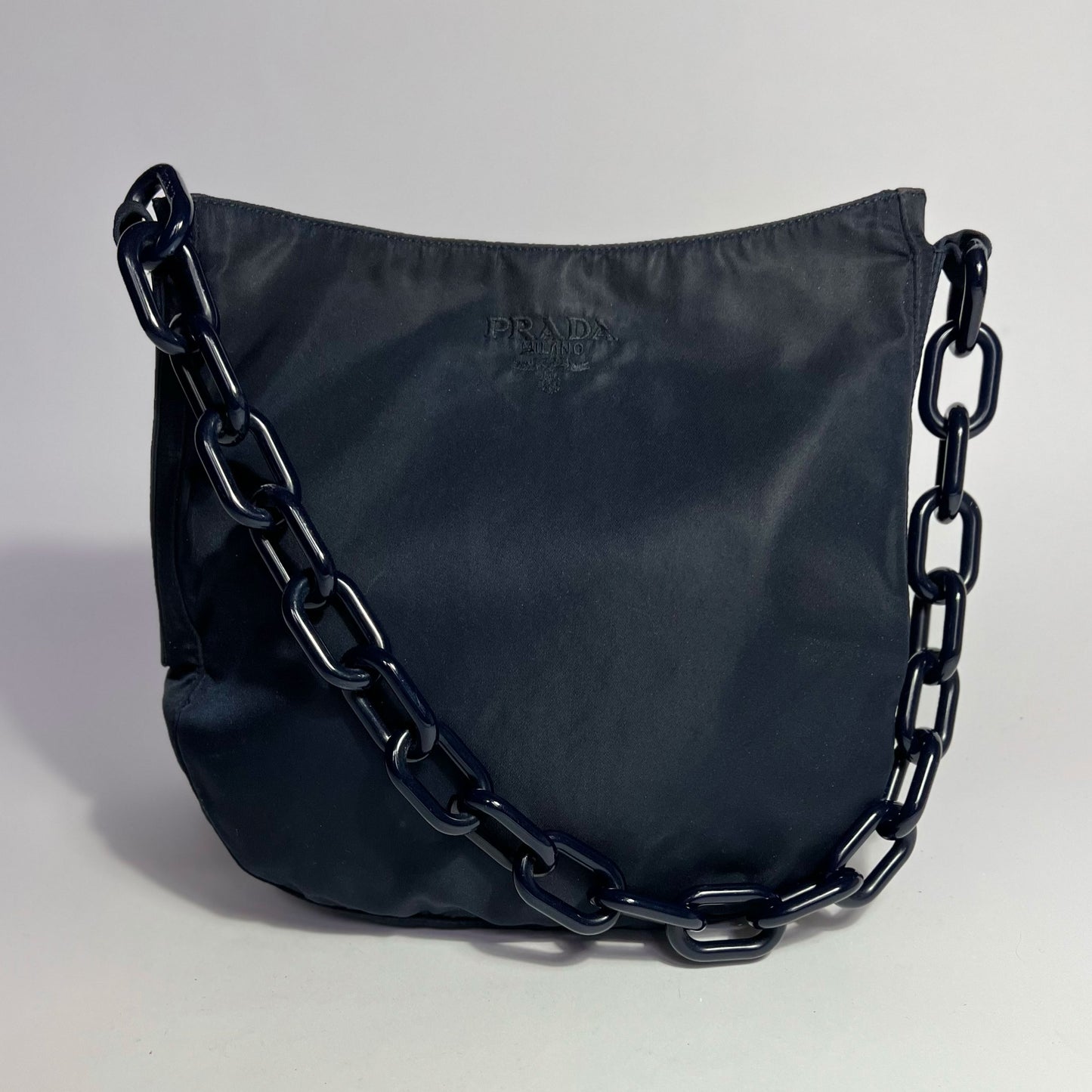 Vintage Prada Nylon Shoulder Bag with Acyrlic Chain Strap in Navy