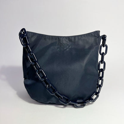 Vintage Prada Nylon Shoulder Bag with Acyrlic Chain Strap in Navy