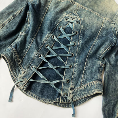 Late 90's Diesel Denim Jacket with Lace Up Corset Back in Blue - M