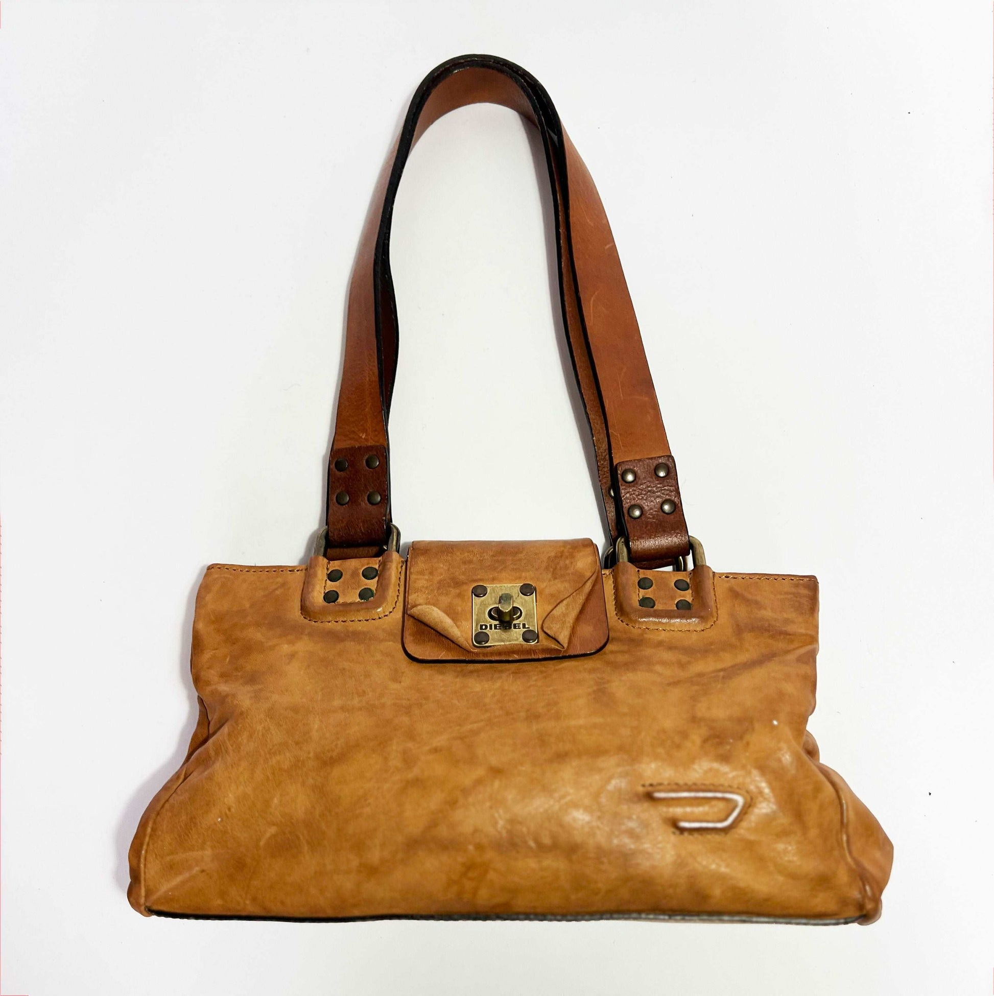 00's Diesel Leather Shoulder Bag with Embossed Logo in Tan