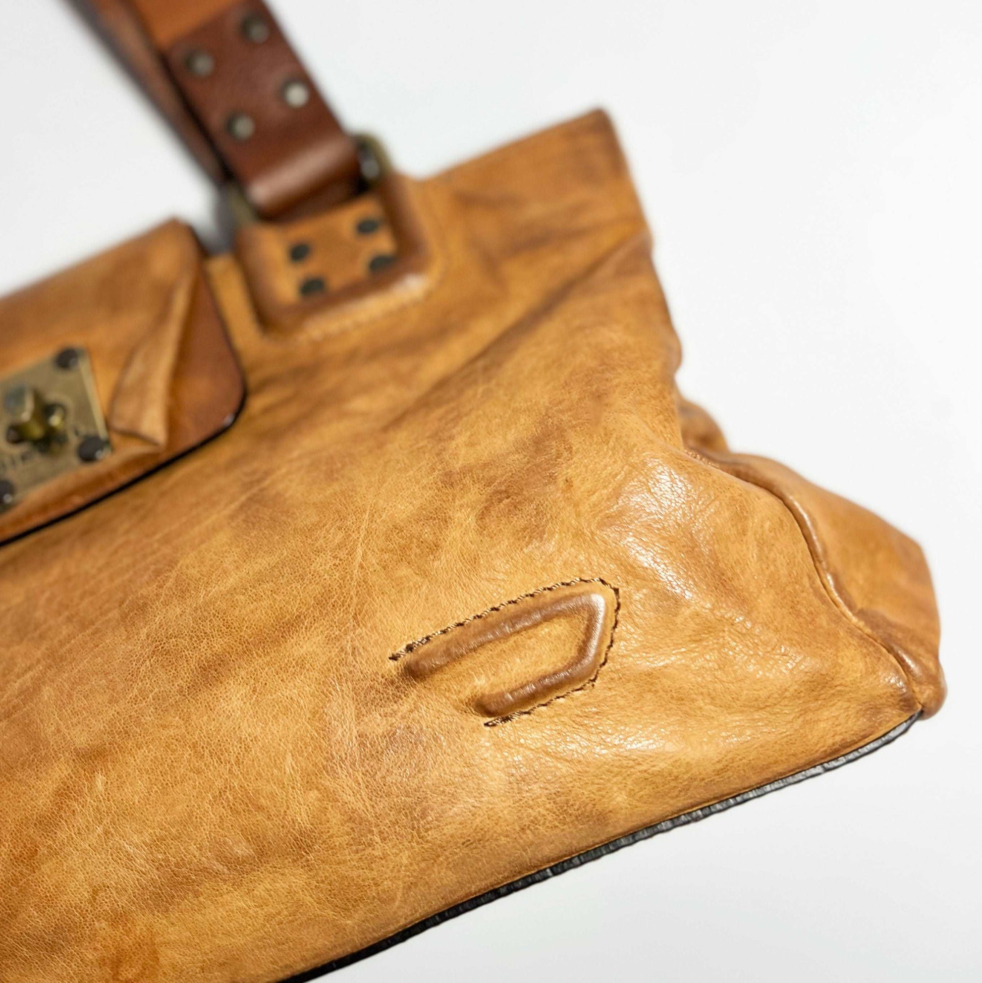 00's Diesel Leather Shoulder Bag with Embossed Logo in Tan