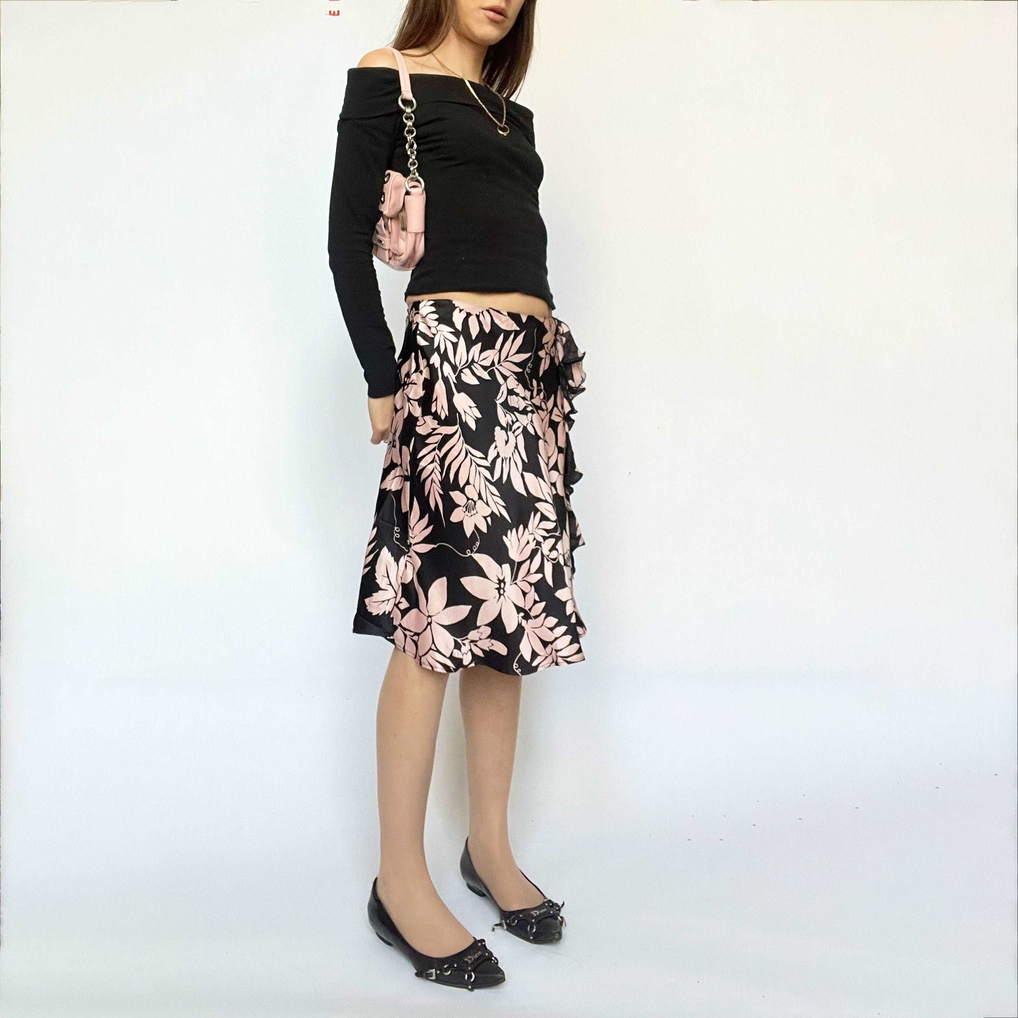 00's Blugirl Blumarine Silk Midi Skirt in Black and Pink Floral Pattern - XS