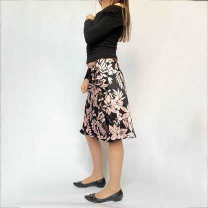 00's Blugirl Blumarine Silk Midi Skirt in Black and Pink Floral Pattern - XS