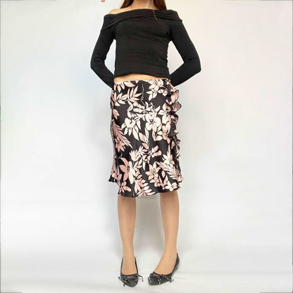 00's Blugirl Blumarine Silk Midi Skirt in Black and Pink Floral Pattern - XS