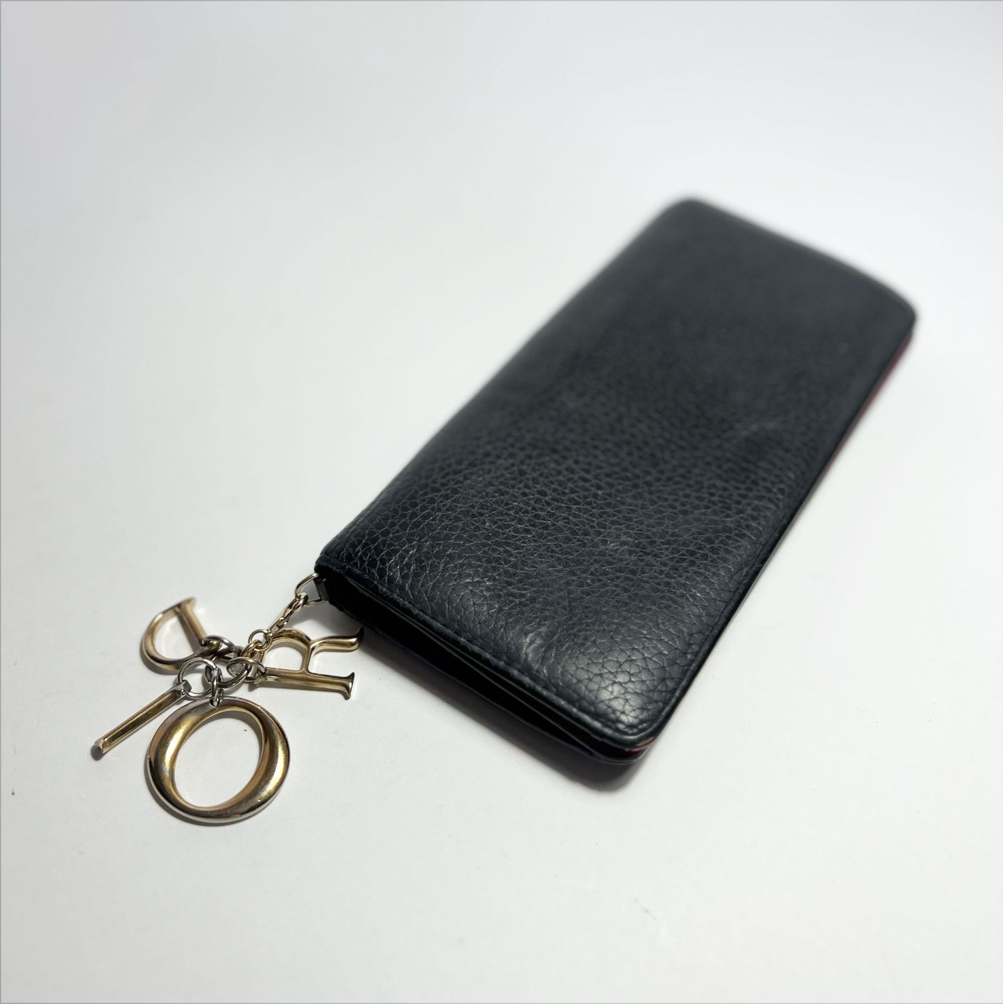 Vintage Dior Wallet with Diorissimo Charm in Black Pebbled Leather