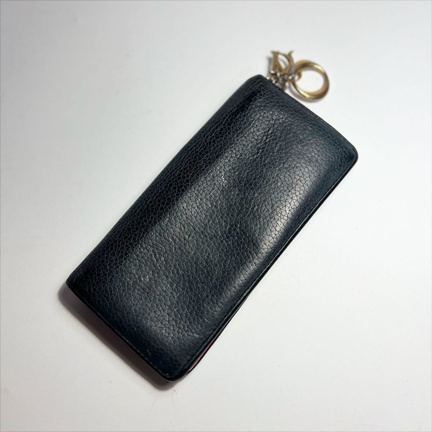 Vintage Dior Wallet with Diorissimo Charm in Black Pebbled Leather