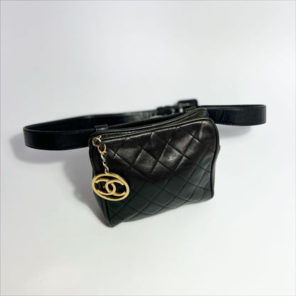 Early 90's Chanel Bumbag Belt with CC Charm in Black Quilted Lambskin