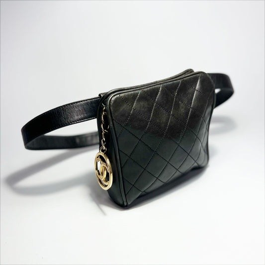 Early 90's Chanel Bumbag Belt with CC Charm in Black Quilted Lambskin