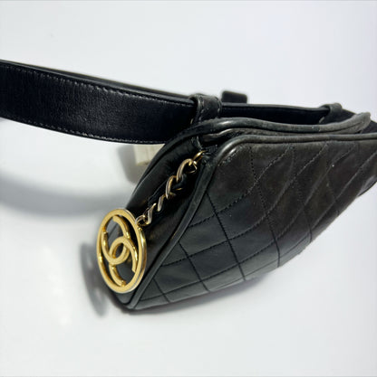 Early 90's Chanel Bumbag Belt with CC Charm in Black Quilted Lambskin