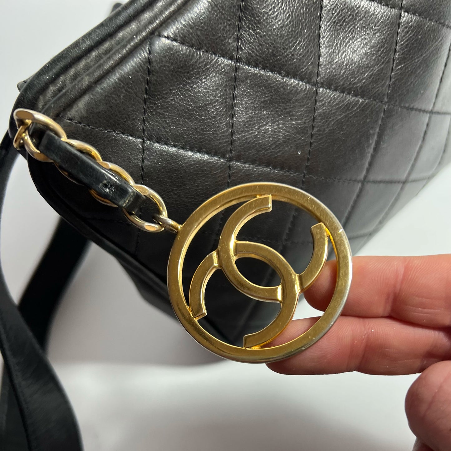 Early 90's Chanel Bumbag Belt with CC Charm in Black Quilted Lambskin