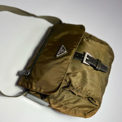 Vintage Prada Tessuto Messenger Crossbody Bag in Olive Green / Khaki