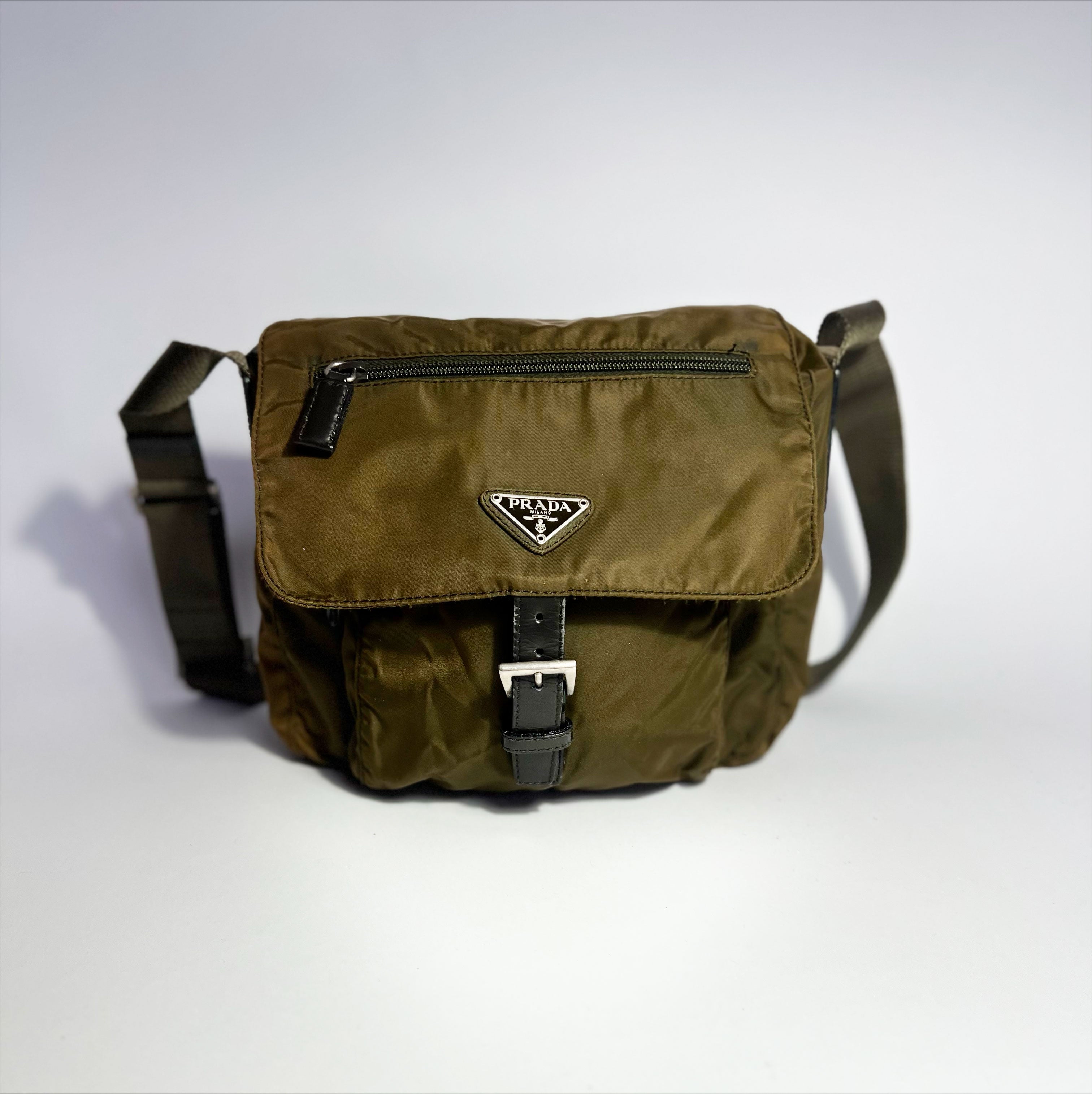 Vintage Prada Tessuto Messenger Crossbody Bag in Olive Green Khaki Confessions Of A Hoarder Vintage