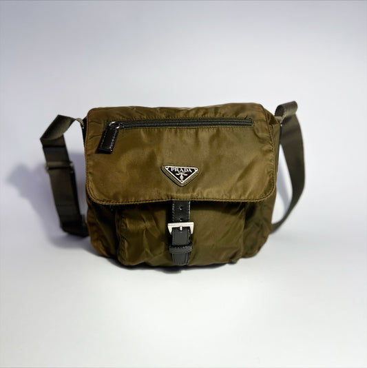 Vintage Prada Tessuto Messenger Crossbody Bag in Olive Green / Khaki