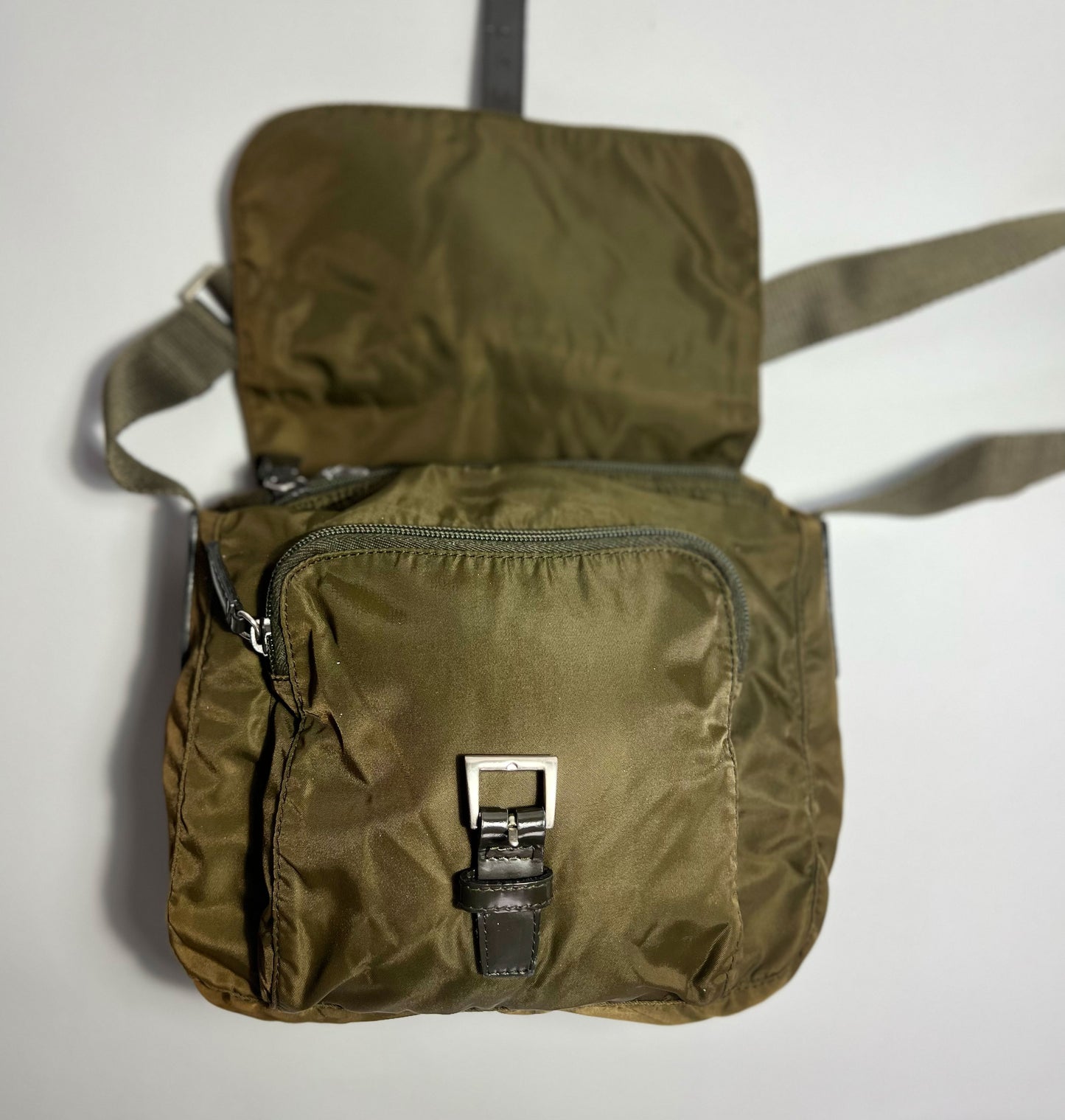 Vintage Prada Tessuto Messenger Crossbody Bag in Olive Green / Khaki