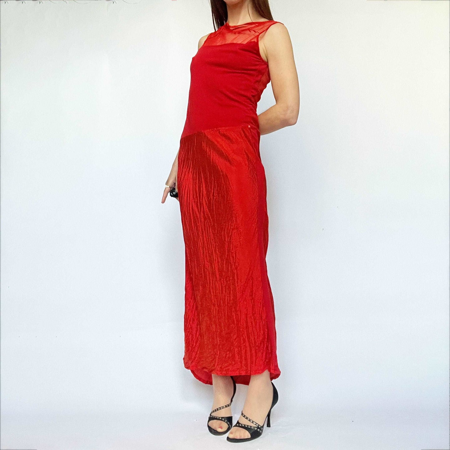 00's Eplay Embroidered Full Length Dress with Mesh in Red - L