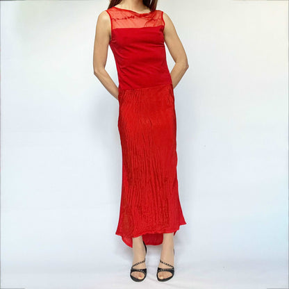 00's Eplay Embroidered Full Length Dress with Mesh in Red - L