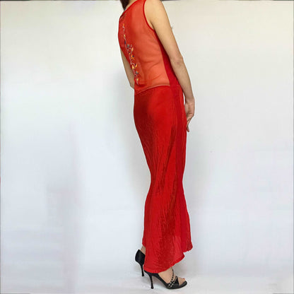 00's Eplay Embroidered Full Length Dress with Mesh in Red - L