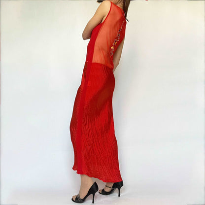 00's Eplay Embroidered Full Length Dress with Mesh in Red - L