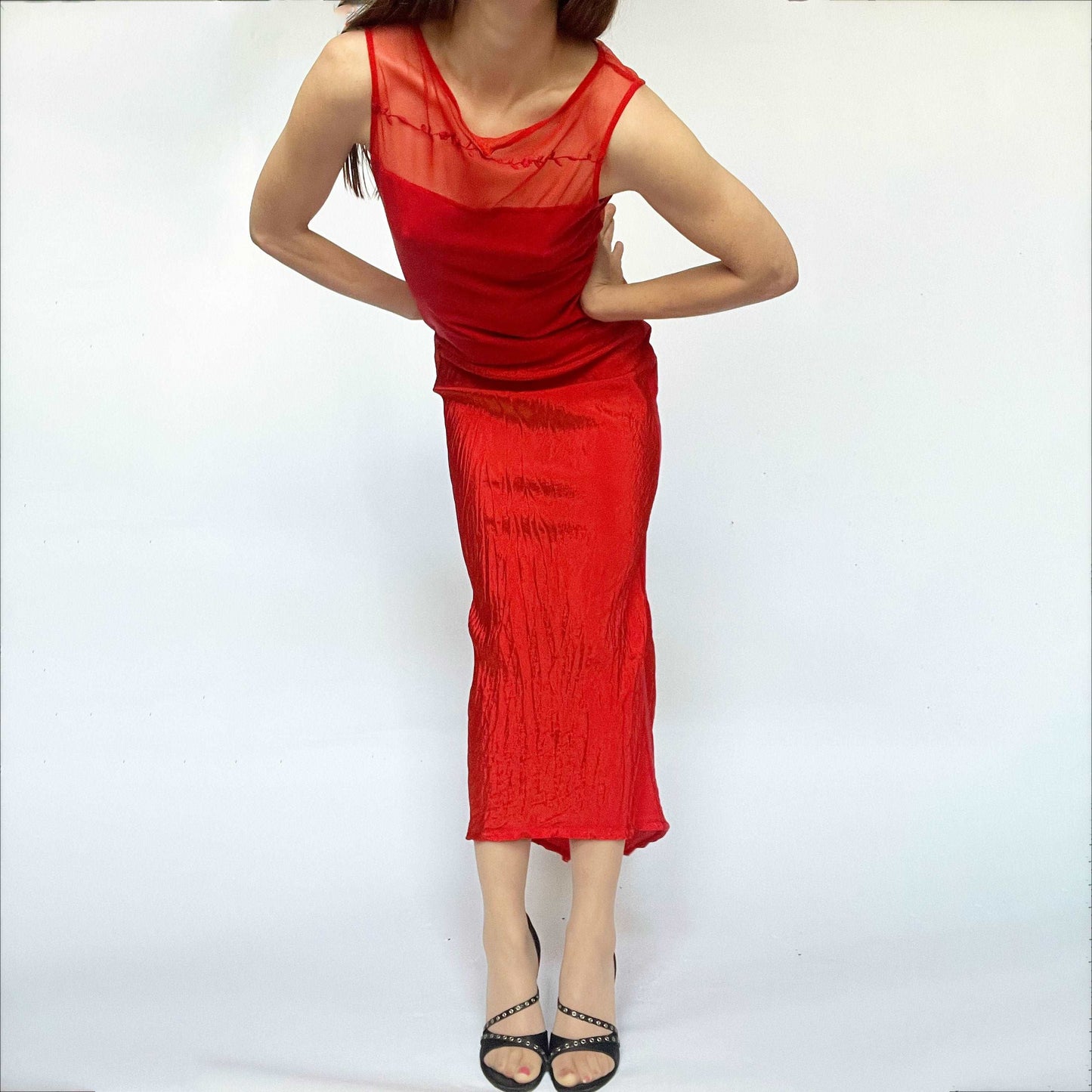 00's Eplay Embroidered Full Length Dress with Mesh in Red - L