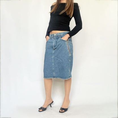 90s Vintage Denim Midi Skirt with Italian Flag Braiding - w28"