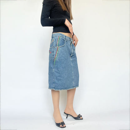 90s Vintage Denim Midi Skirt with Italian Flag Braiding - w28"