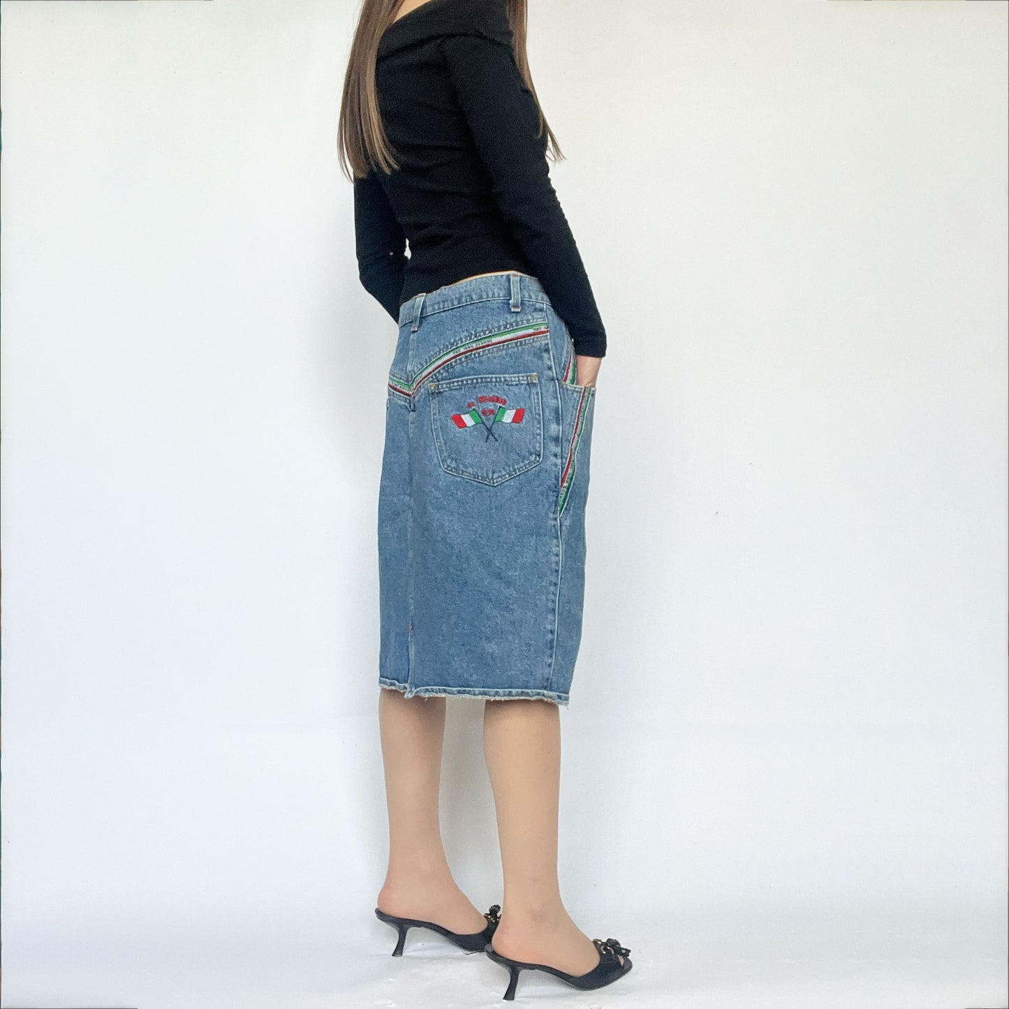 90s Vintage Denim Midi Skirt with Italian Flag Braiding - w28"