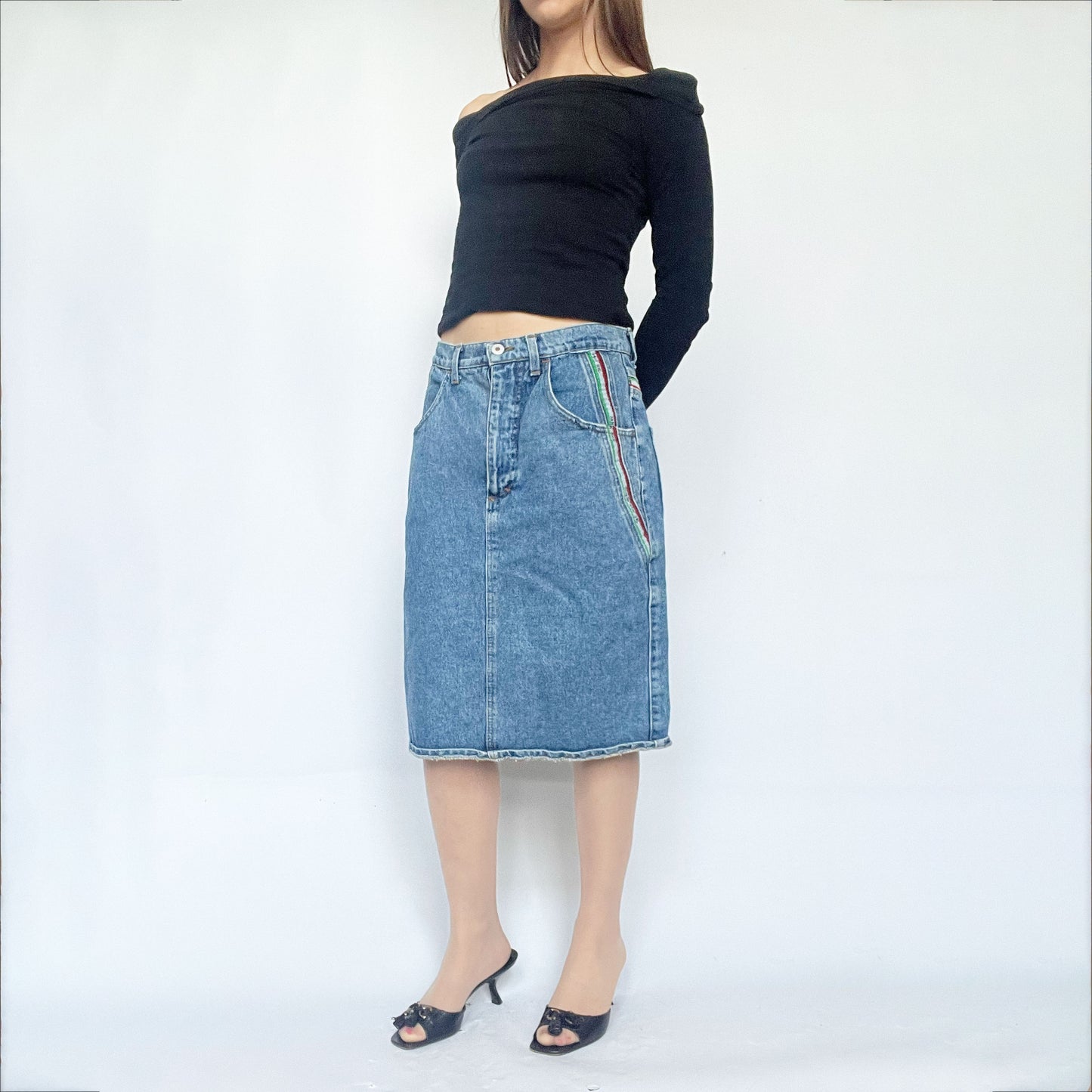 90s Vintage Denim Midi Skirt with Italian Flag Braiding - w28"