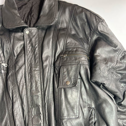 Vintage Leather Bomber Jacket with Utility Pockets in Black - L