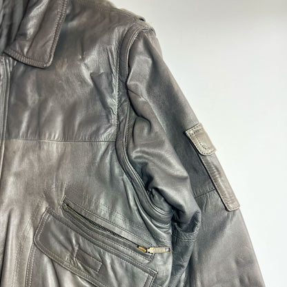 90's Leather Bomber Jacket with Removable Sleeves in Khaki - L