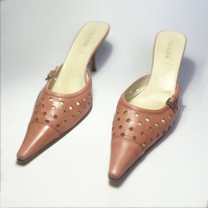 SS 04 Prada Kitten Heels in Pink Perforated Leather - UK 6