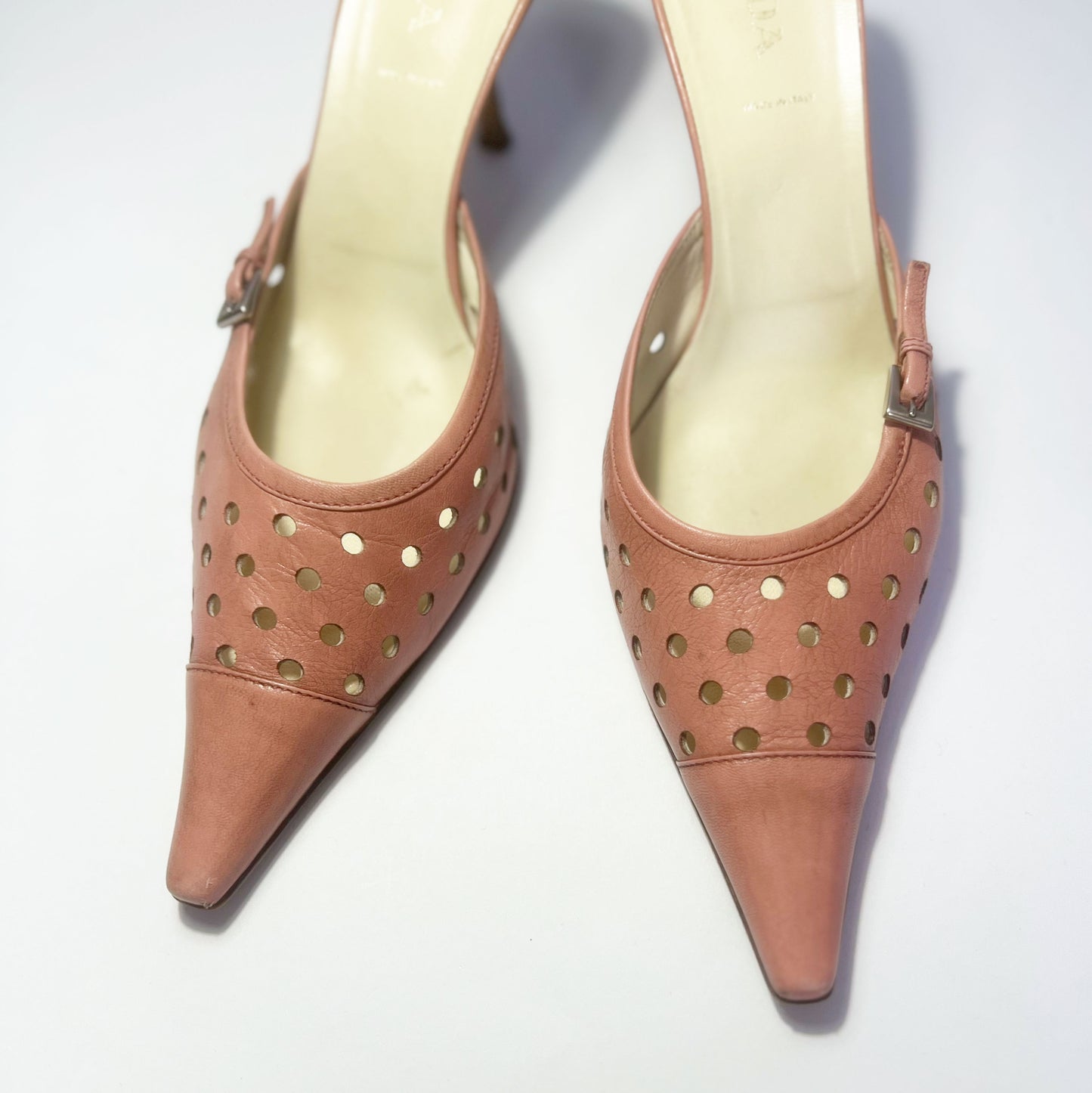 SS 04 Prada Kitten Heels in Pink Perforated Leather - UK 6