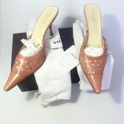 SS 04 Prada Kitten Heels in Pink Perforated Leather - UK 6