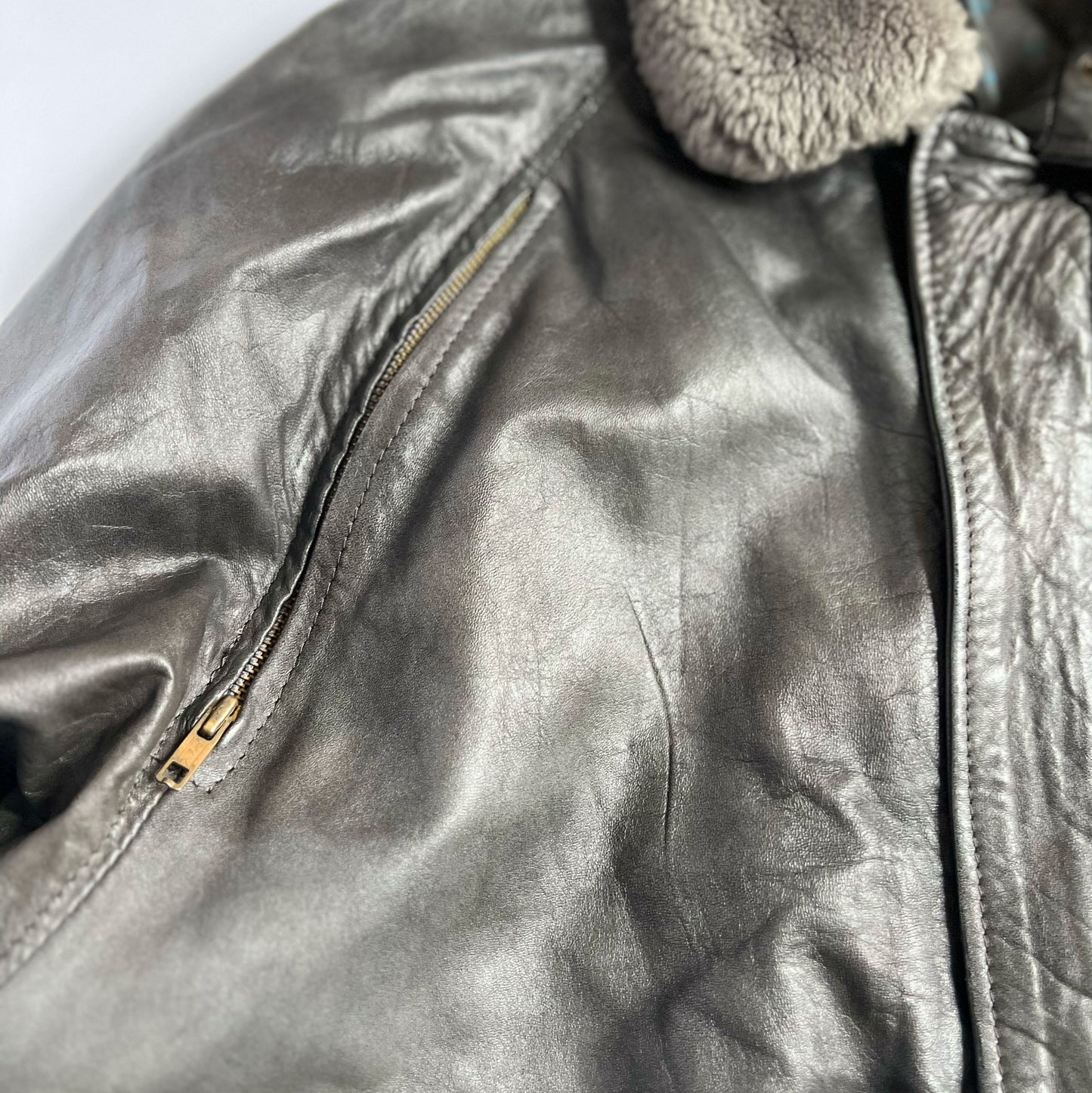 Vintage Leather Aviator Jacket with Removable Sheepskin Collar  - L