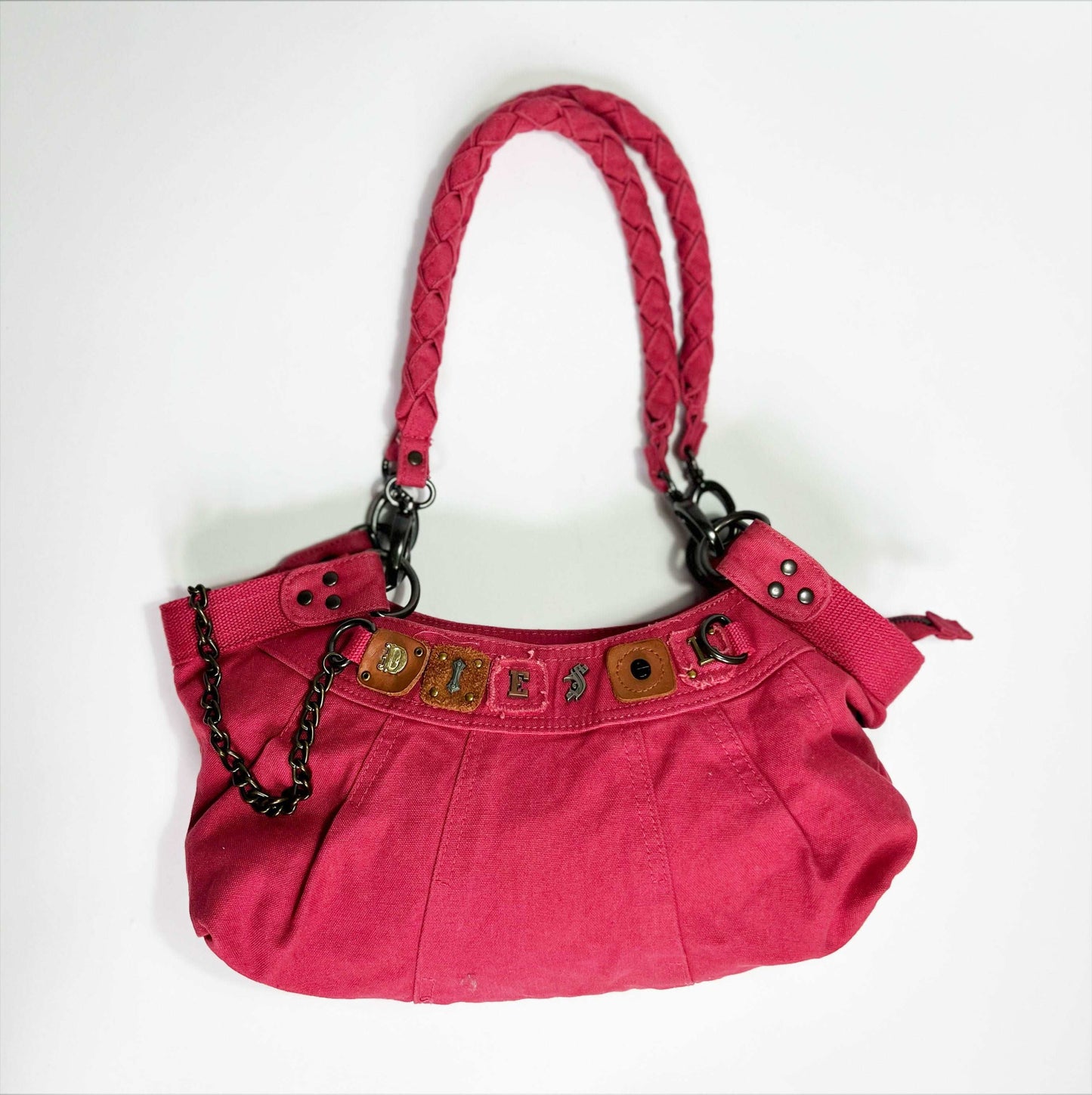 00's Diesel Hobo Bag with Grunge Lettering and Chain in Pink