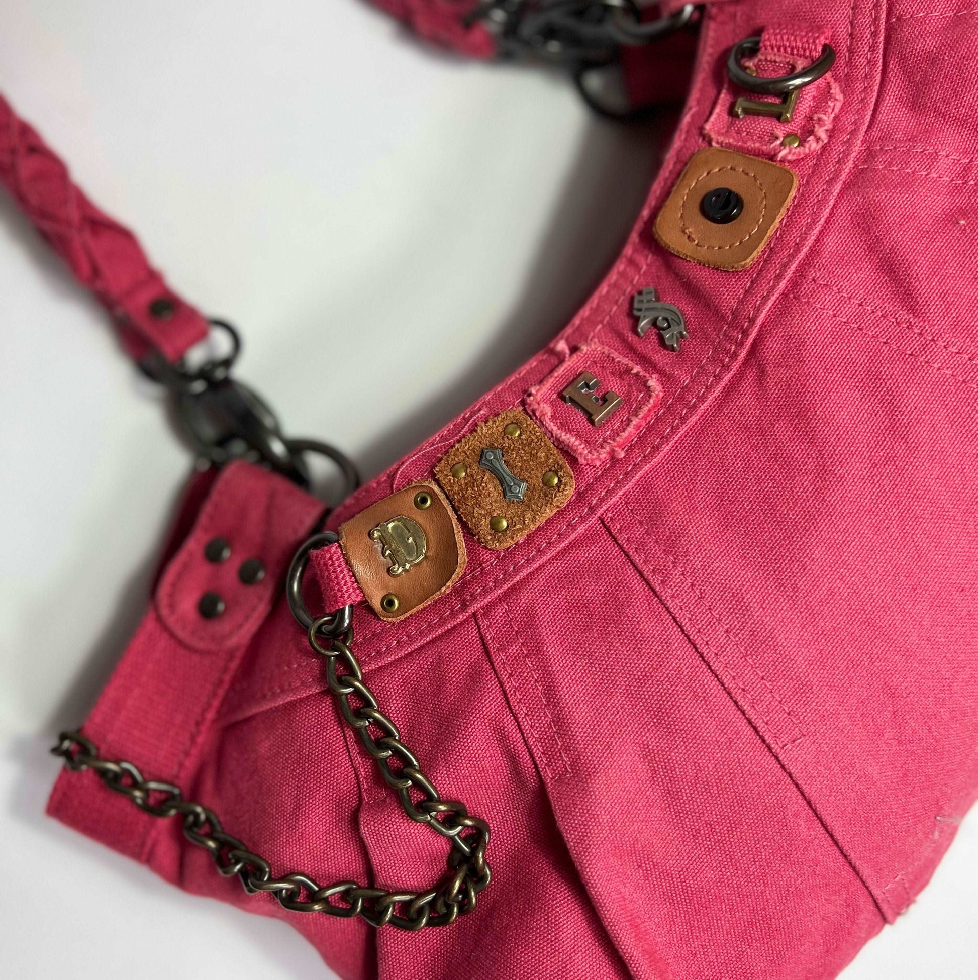 00's Diesel Hobo Bag with Grunge Lettering and Chain in Pink