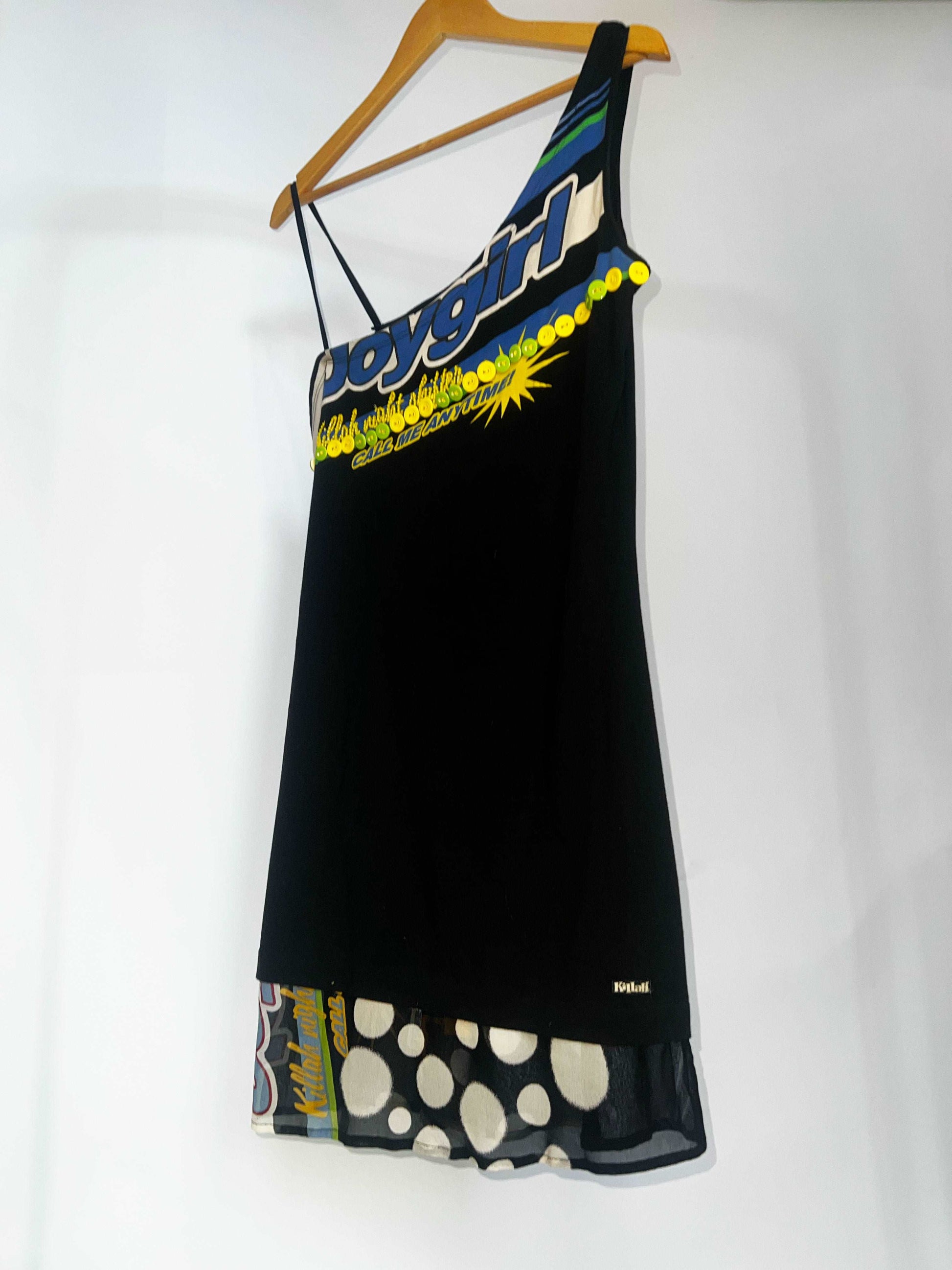 00's Miss Sixty Killah Asymmetrical Dress with "Joygirl" Graphic Print - M