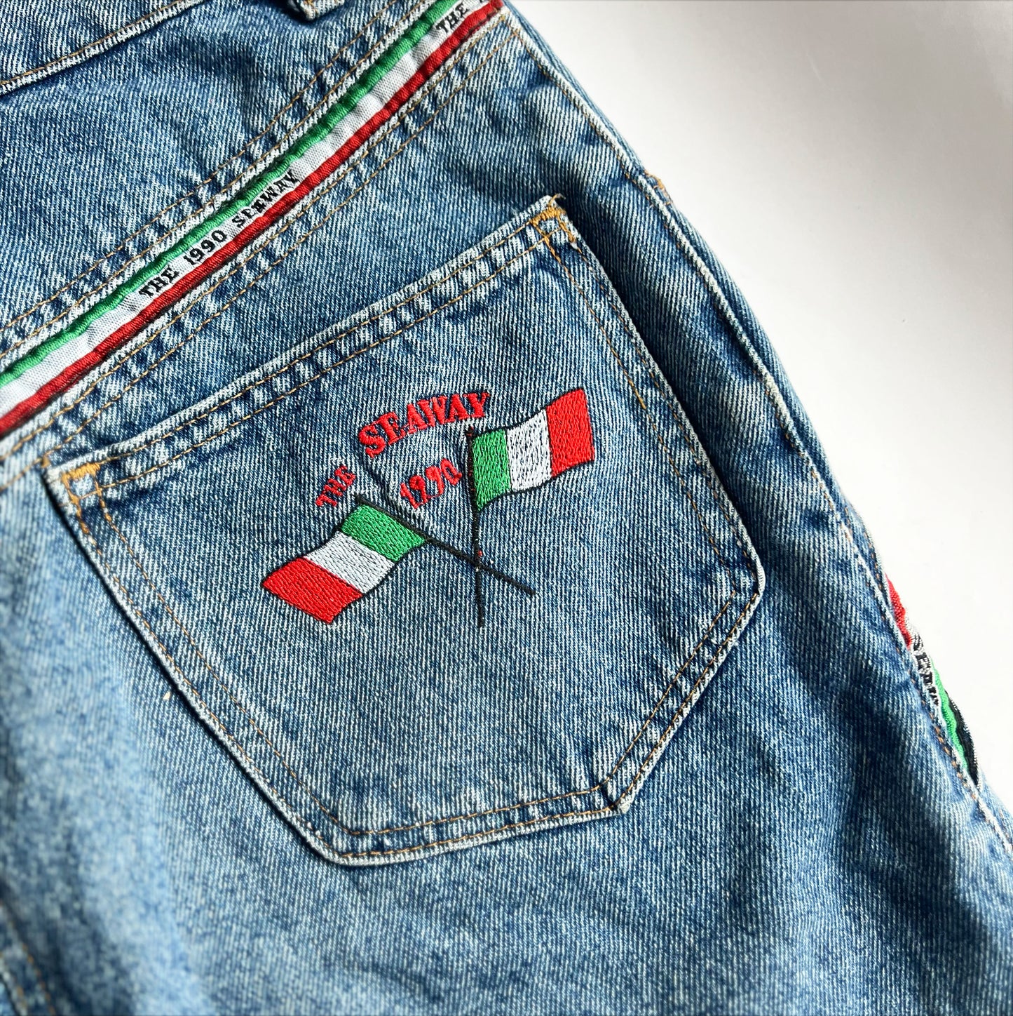 90s Vintage Denim Midi Skirt with Italian Flag Braiding - w28"