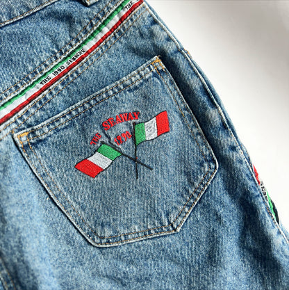 90s Vintage Denim Midi Skirt with Italian Flag Braiding - w28"