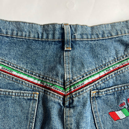 90s Vintage Denim Midi Skirt with Italian Flag Braiding - w28"