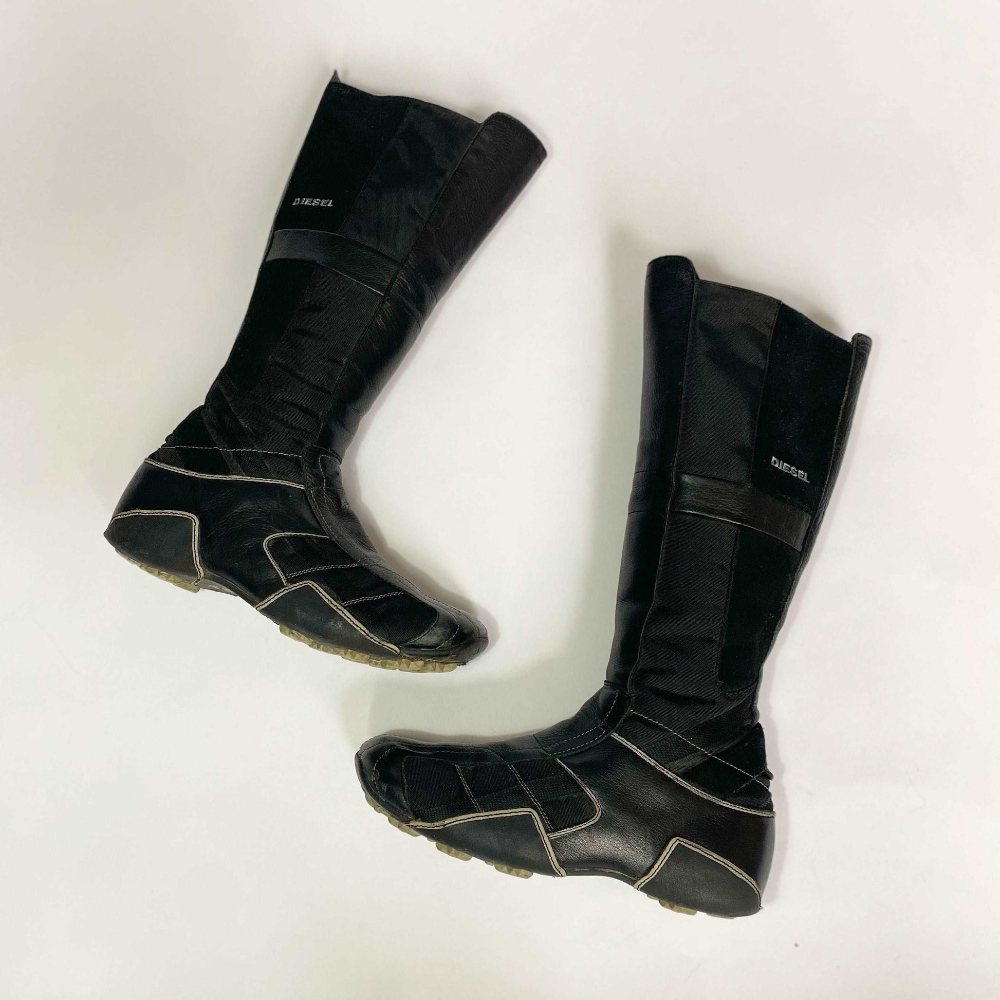 00's Diesel Knee High Leather Biker Boots in Black - UK 6.5