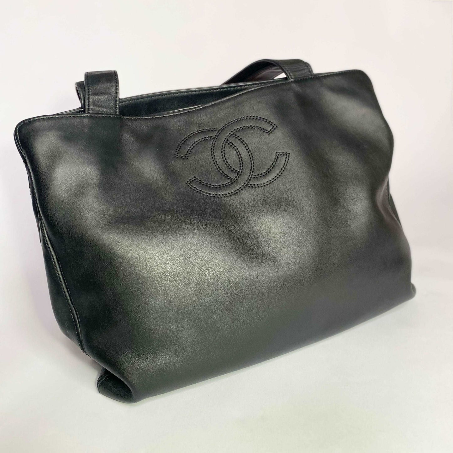 00's Chanel Leather Multi Compartment Tote Bag with CC Detail in Black Calfskin