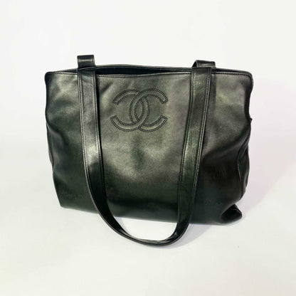 00's Chanel Leather Multi Compartment Tote Bag with CC Detail in Black Calfskin