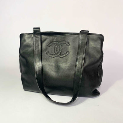 00's Chanel Leather Multi Compartment Tote Bag with CC Detail in Black Calfskin