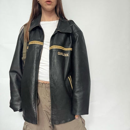 90's Leather Bomber Jacket in Black with Cream Detailing - L