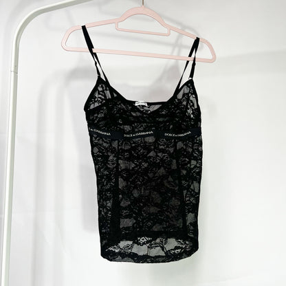 Vintage D&G Black Lace Cami Vest with Spell Out Elastic - XL