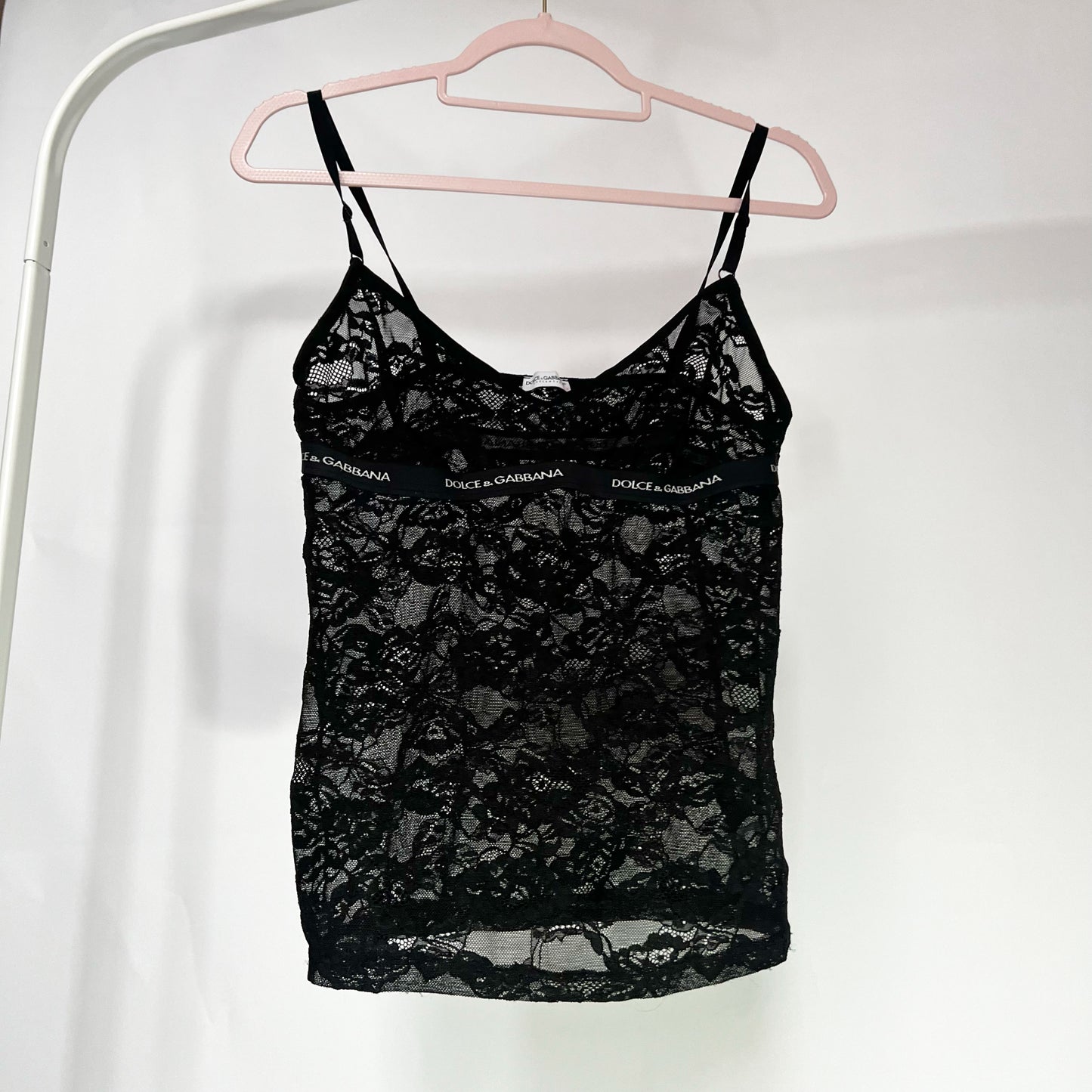 Vintage D&G Black Lace Cami Vest with Spell Out Elastic - XL